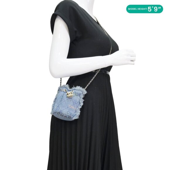 Chanel  Mood Logo Printed Quilted Denim Chain Bucket Bag Blue - Picture 2 of 15